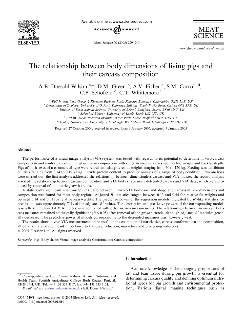 The relationship between body dimensions of living pigs and their carcass composition