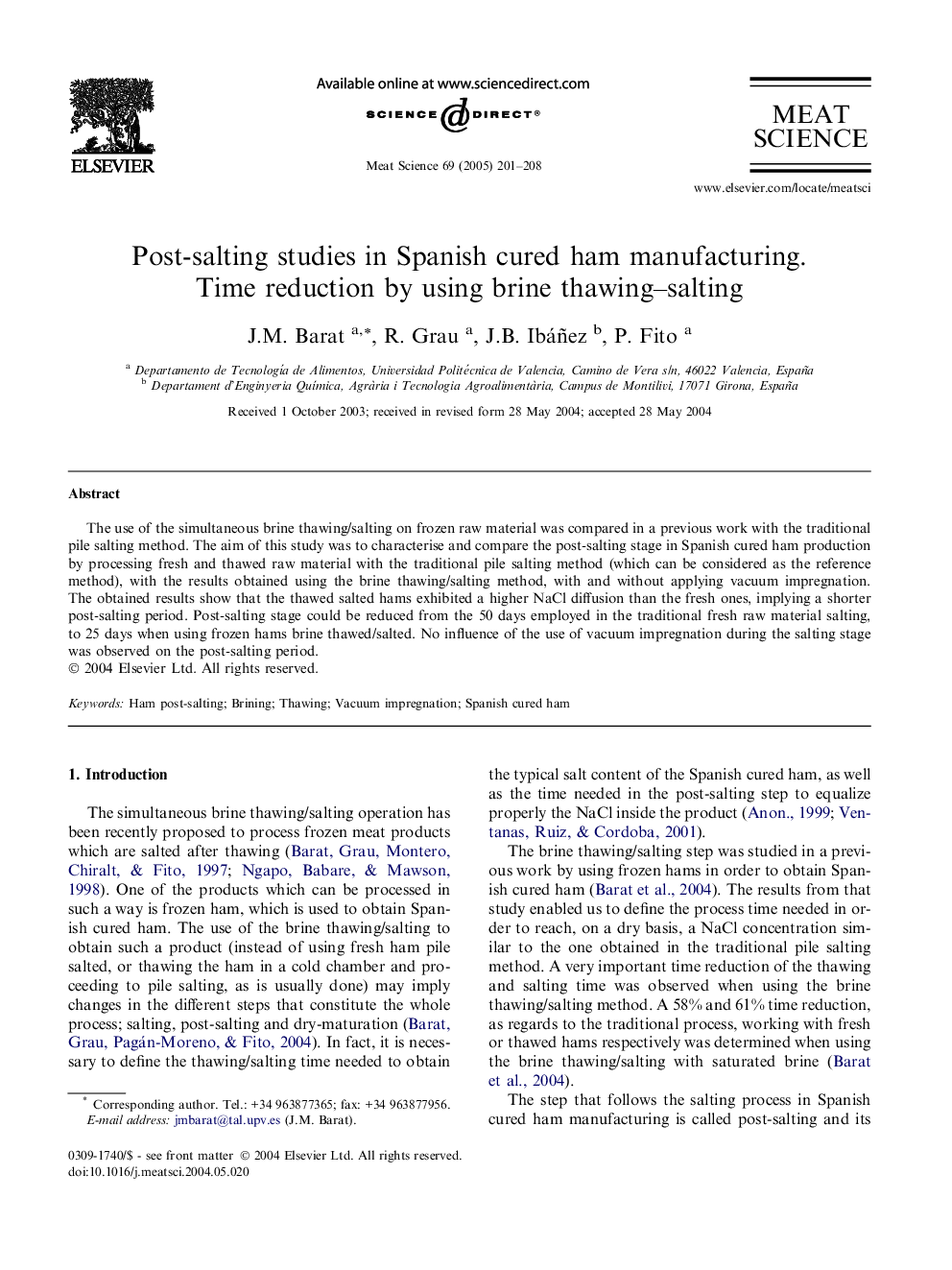 Post-salting studies in Spanish cured ham manufacturing. Time reduction by using brine thawing-salting