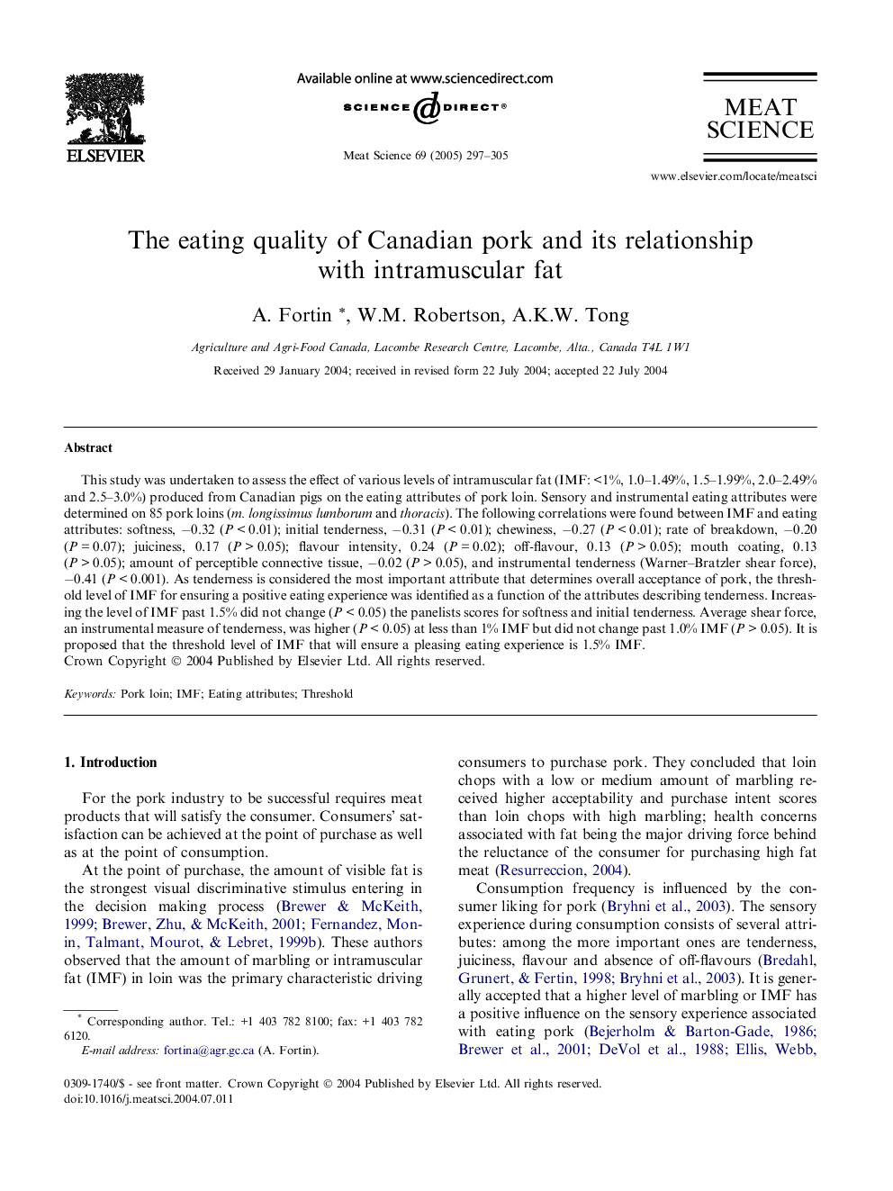 The eating quality of Canadian pork and its relationship with intramuscular fat