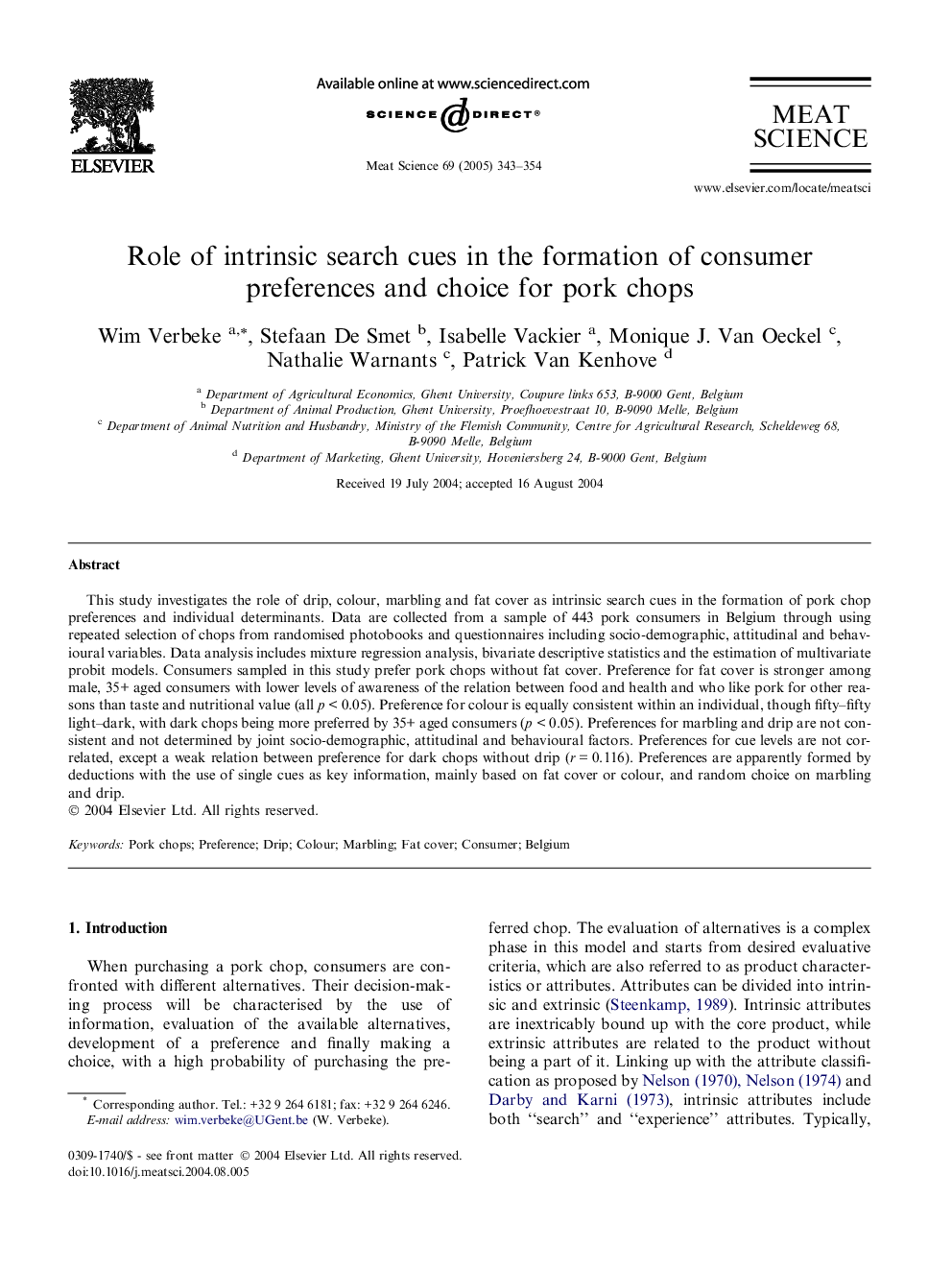 Role of intrinsic search cues in the formation of consumer preferences and choice for pork chops