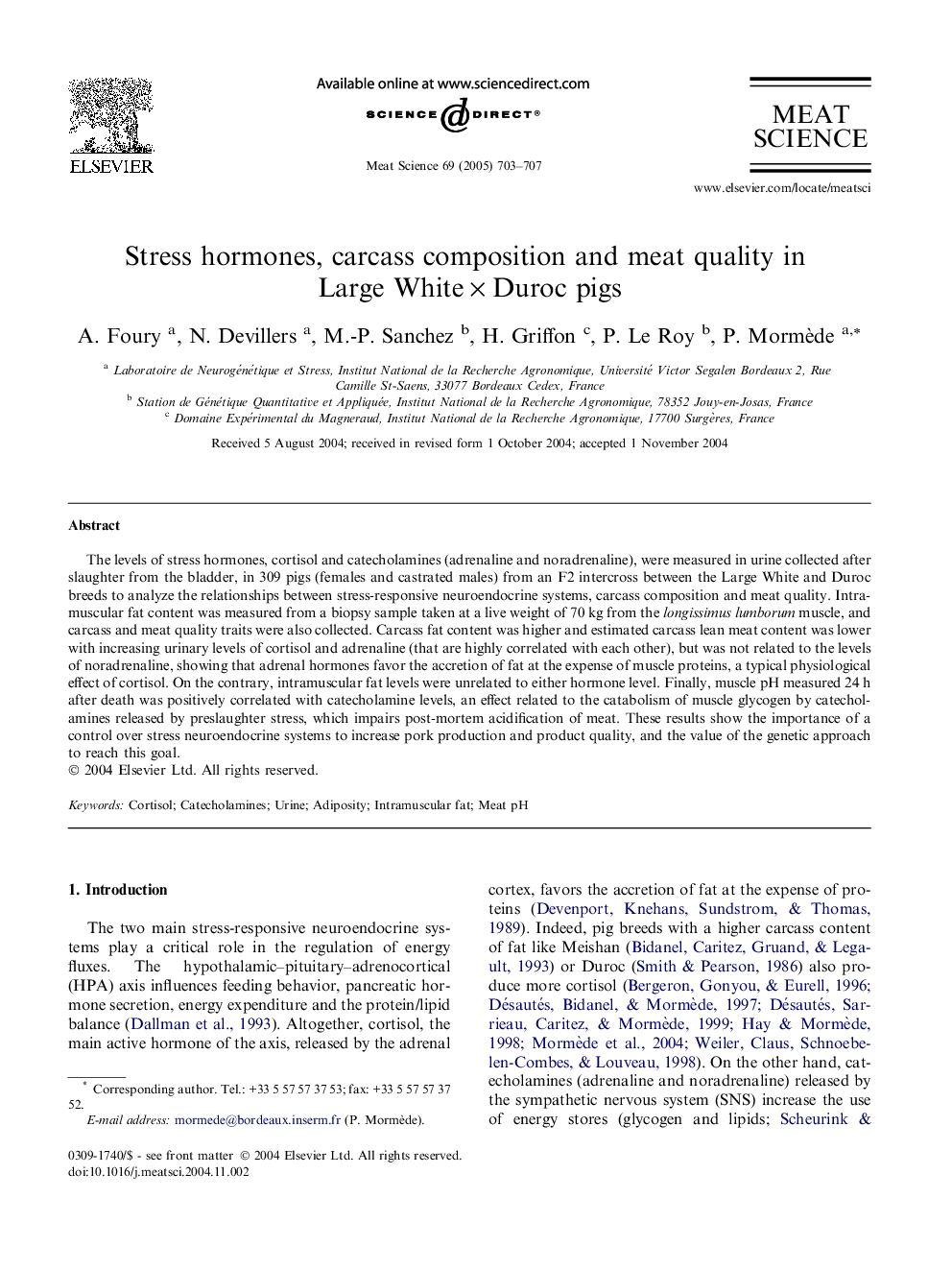 Stress hormones, carcass composition and meat quality in Large WhiteÂ ÃÂ Duroc pigs