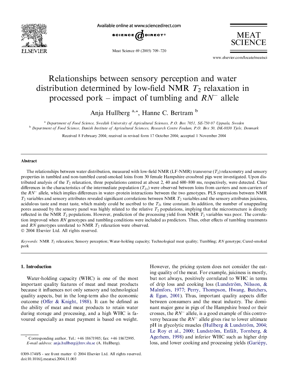 Relationships between sensory perception and water distribution determined by low-field NMR T2 relaxation in processed pork - impact of tumbling and RNâ allele