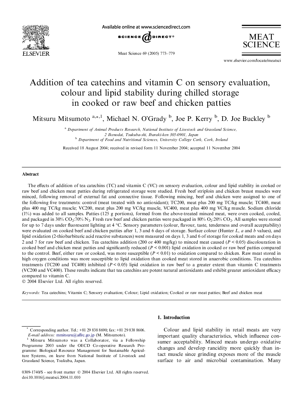 Addition of tea catechins and vitamin C on sensory evaluation, colour and lipid stability during chilled storage in cooked or raw beef and chicken patties