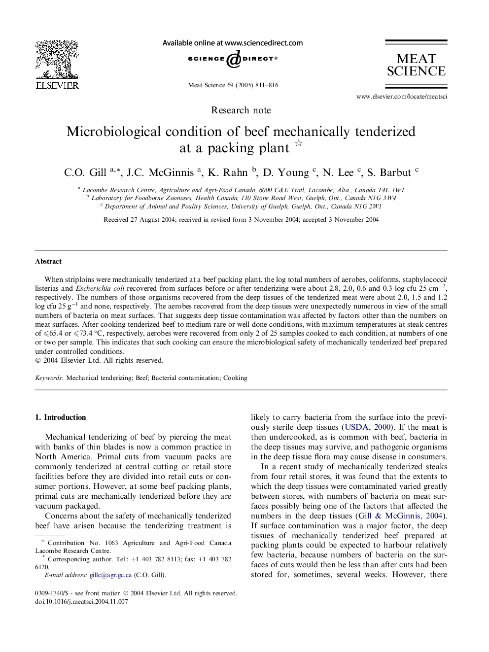 Microbiological condition of beef mechanically tenderized at a packing plant