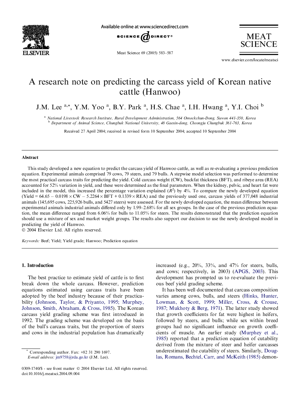 A research note on predicting the carcass yield of Korean native cattle (Hanwoo)