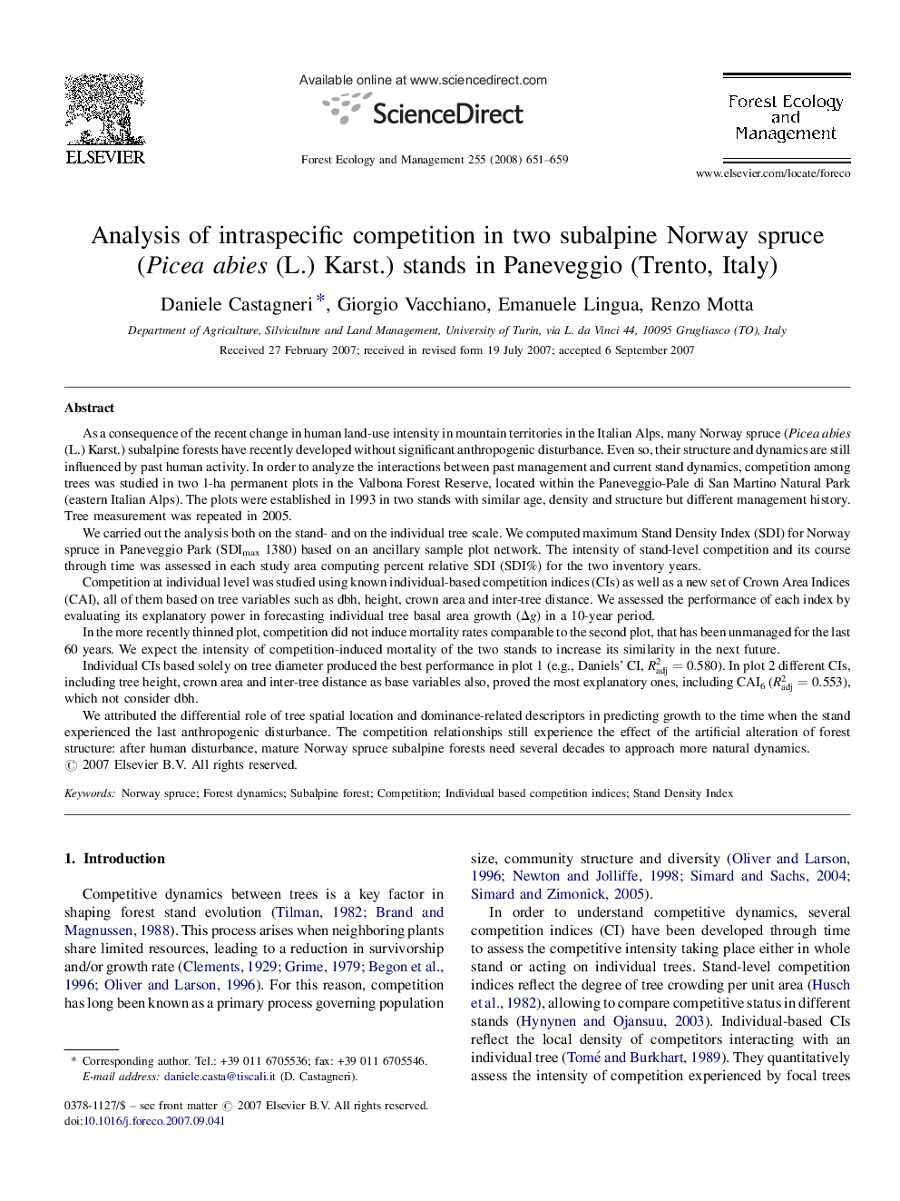 Analysis of intraspecific competition in two subalpine Norway spruce (Picea abies (L.) Karst.) stands in Paneveggio (Trento, Italy)