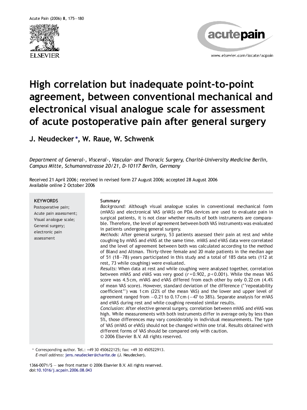 High correlation but inadequate point-to-point agreement, between conventional mechanical and electronical visual analogue scale for assessment of acute postoperative pain after general surgery