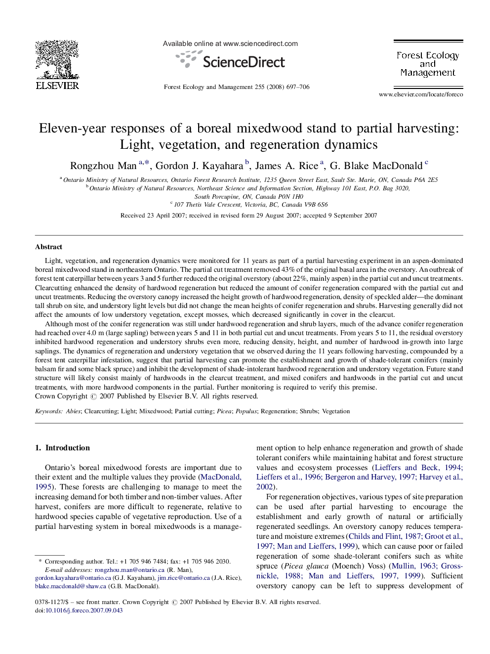 عکس صفحه اول مقاله: Eleven-year responses of a boreal mixedwood stand to partial harvesting: Light, vegetation, and regeneration dynamics Eleven-year responses of a boreal mixedwood stand to partial harvesting: Light, vegetation, and regeneration dynamics