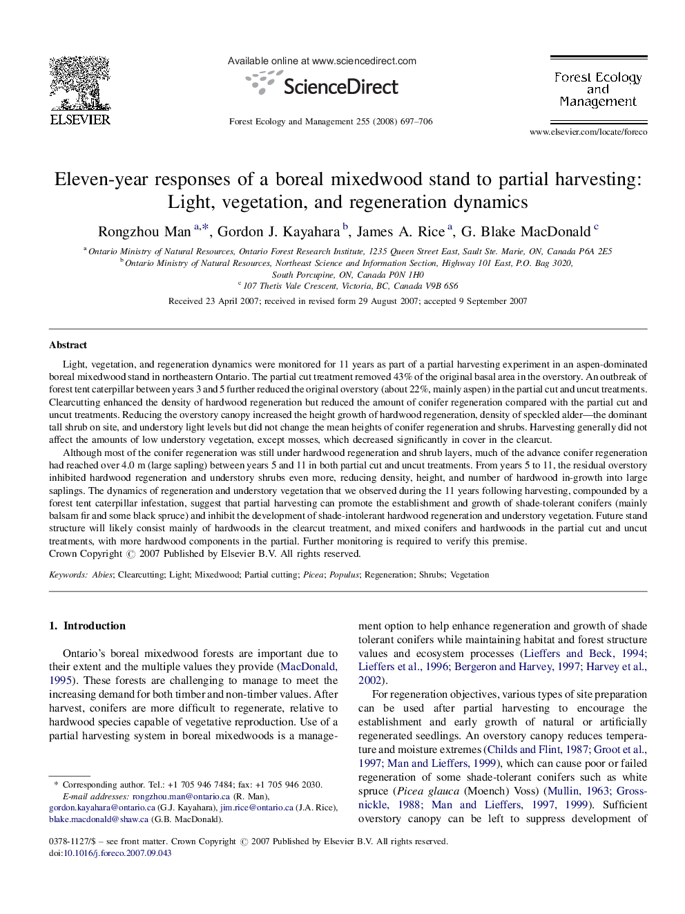 Eleven-year responses of a boreal mixedwood stand to partial harvesting: Light, vegetation, and regeneration dynamics