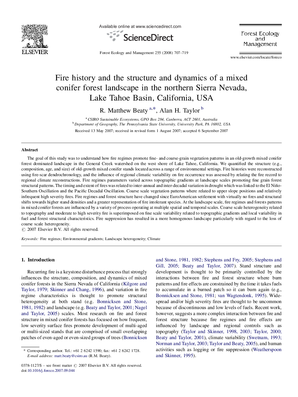 Fire history and the structure and dynamics of a mixed conifer forest landscape in the northern Sierra Nevada, Lake Tahoe Basin, California, USA