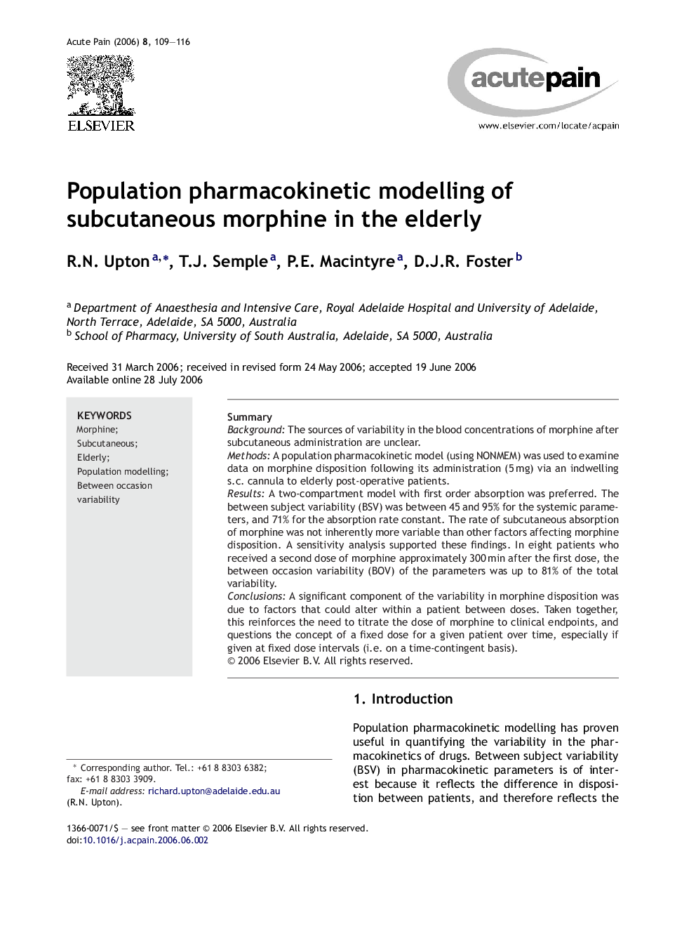 Population pharmacokinetic modelling of subcutaneous morphine in the elderly