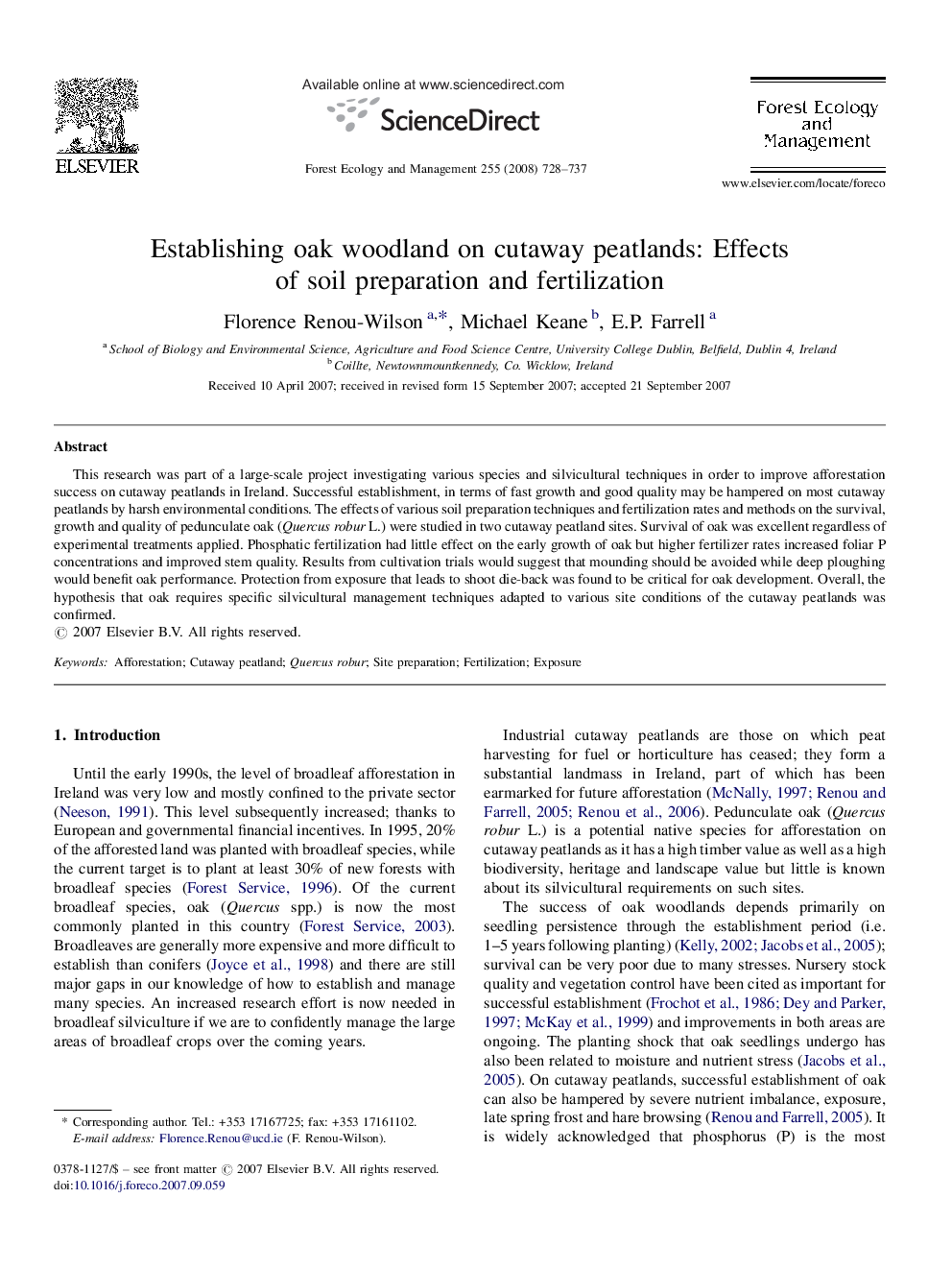 Establishing oak woodland on cutaway peatlands: Effects of soil preparation and fertilization