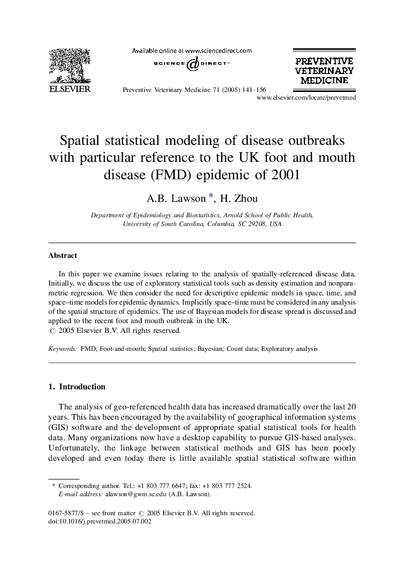 Spatial statistical modeling of disease outbreaks with particular reference to the UK foot and mouth disease (FMD) epidemic of 2001