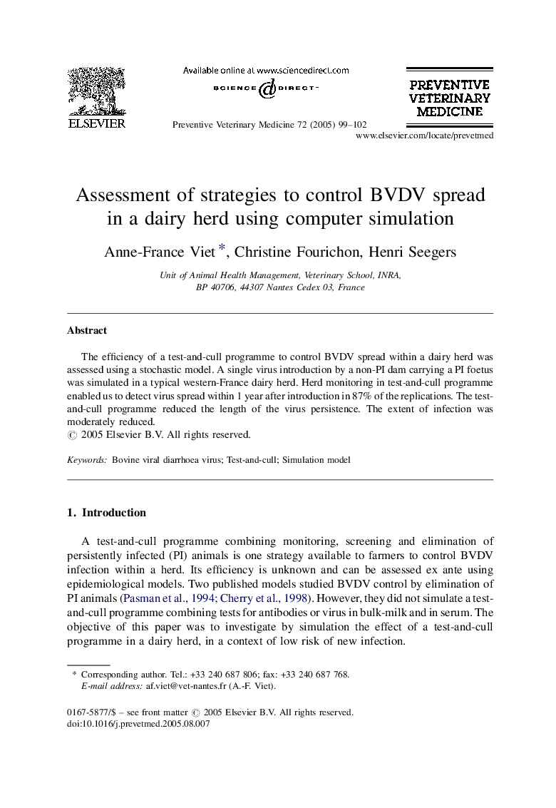 Assessment of strategies to control BVDV spread in a dairy herd using computer simulation