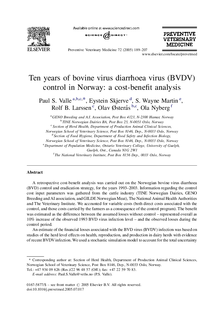 Ten years of bovine virus diarrhoea virus (BVDV) control in Norway: a cost-benefit analysis