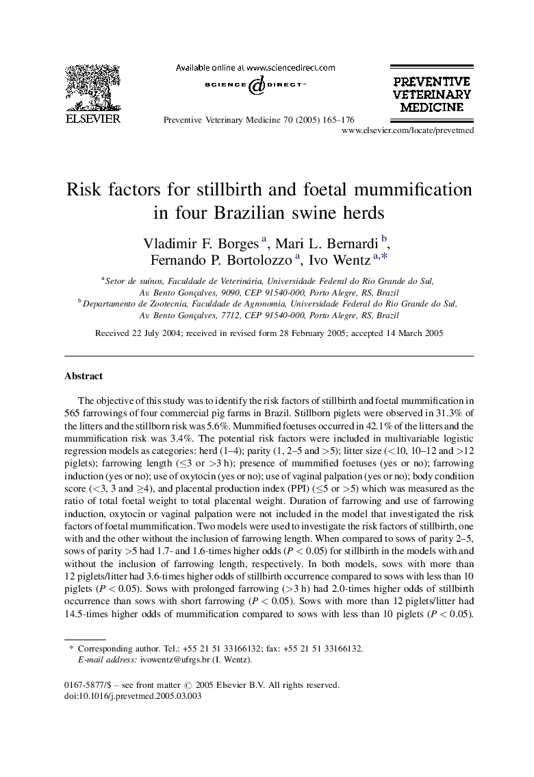 Risk factors for stillbirth and foetal mummification in four Brazilian swine herds