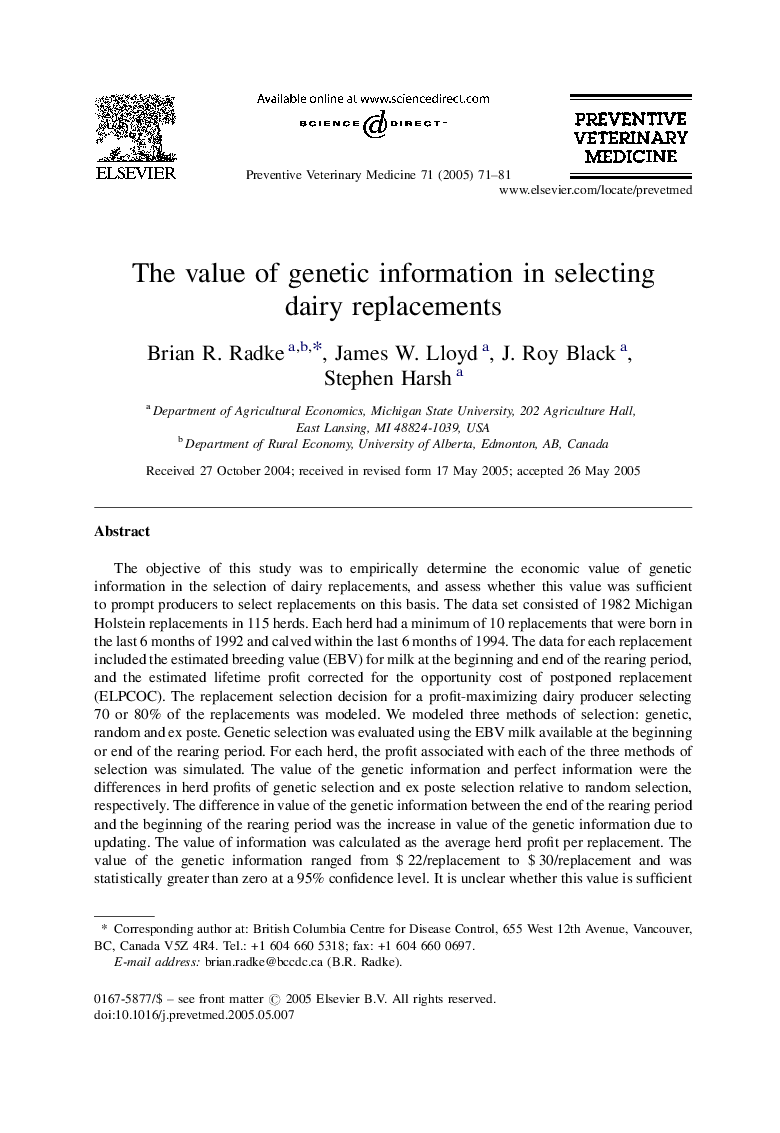 The value of genetic information in selecting dairy replacements