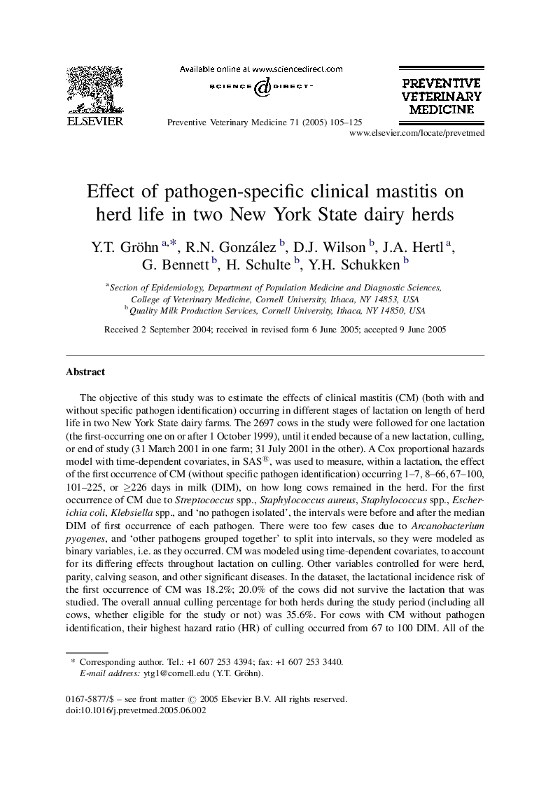 Effect of pathogen-specific clinical mastitis on herd life in two New York State dairy herds