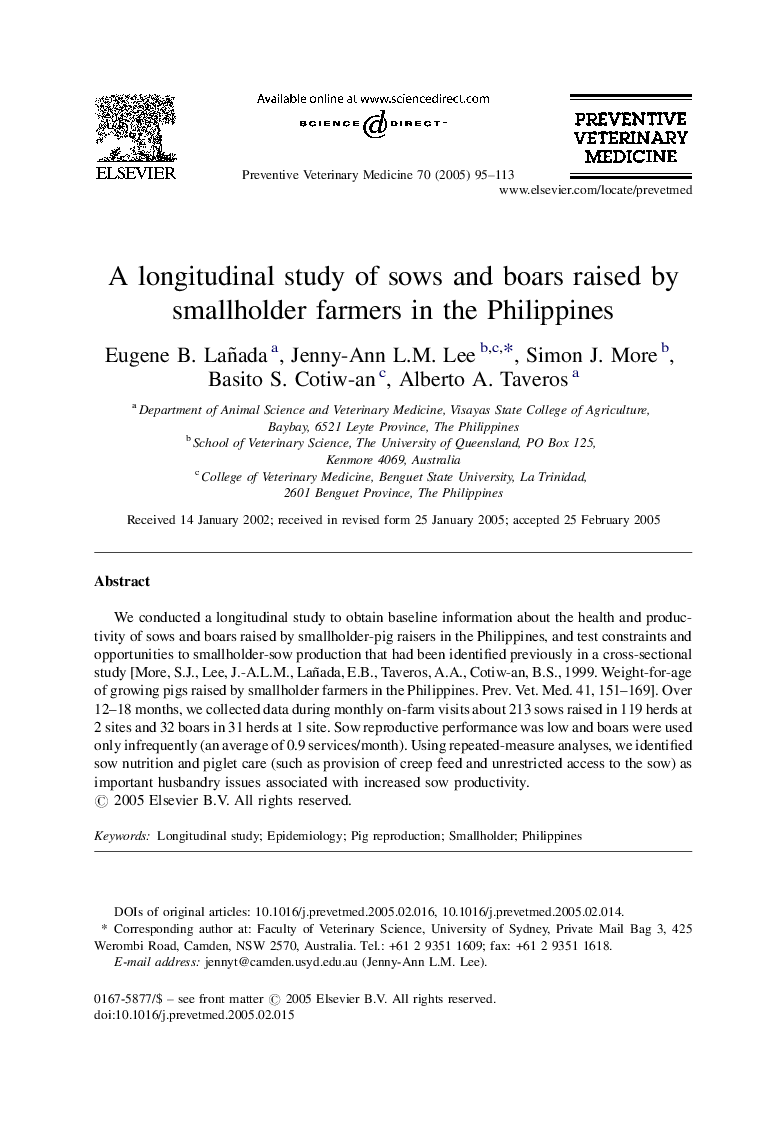 A longitudinal study of sows and boars raised by smallholder farmers in the Philippines