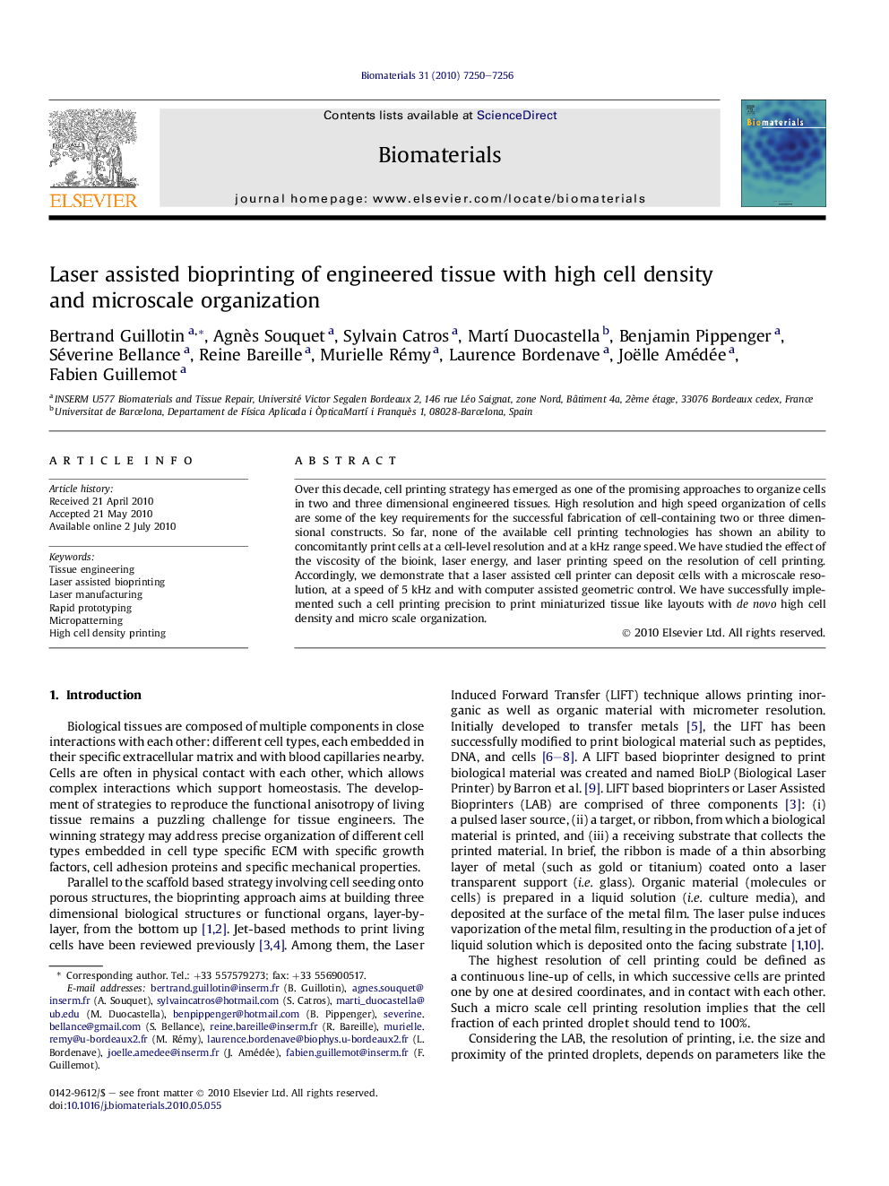 Laser assisted bioprinting of engineered tissue with high cell density and microscale organization