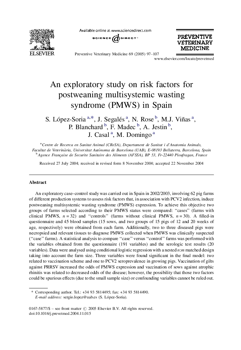 An exploratory study on risk factors for postweaning multisystemic wasting syndrome (PMWS) in Spain