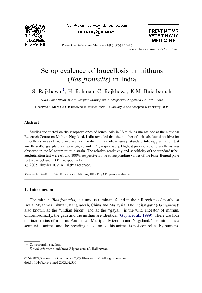 Seroprevalence of brucellosis in mithuns (Bos frontalis) in India