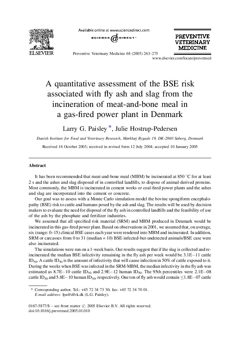 A quantitative assessment of the BSE risk associated with fly ash and slag from the incineration of meat-and-bone meal in a gas-fired power plant in Denmark