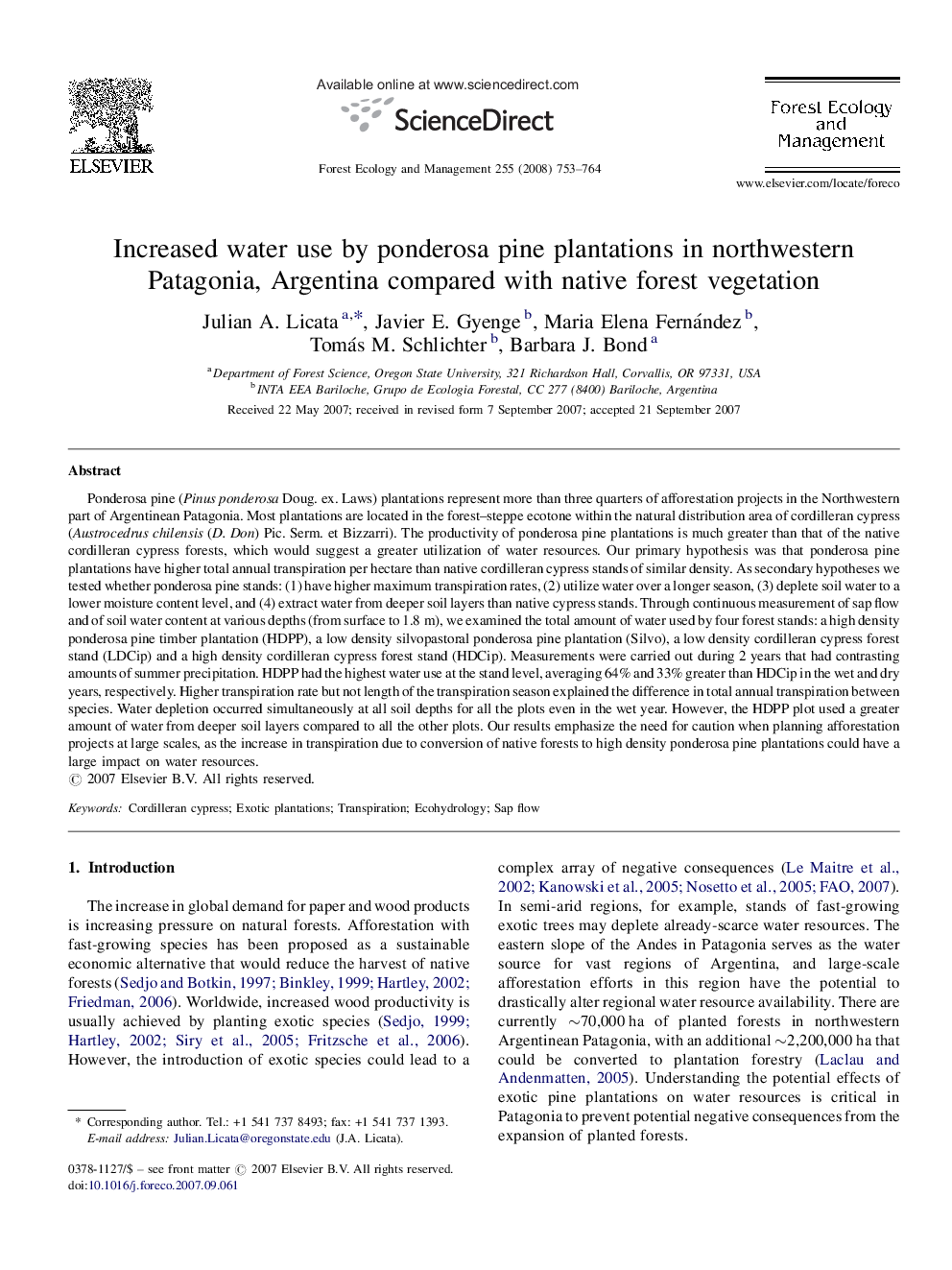 Increased water use by ponderosa pine plantations in northwestern Patagonia, Argentina compared with native forest vegetation