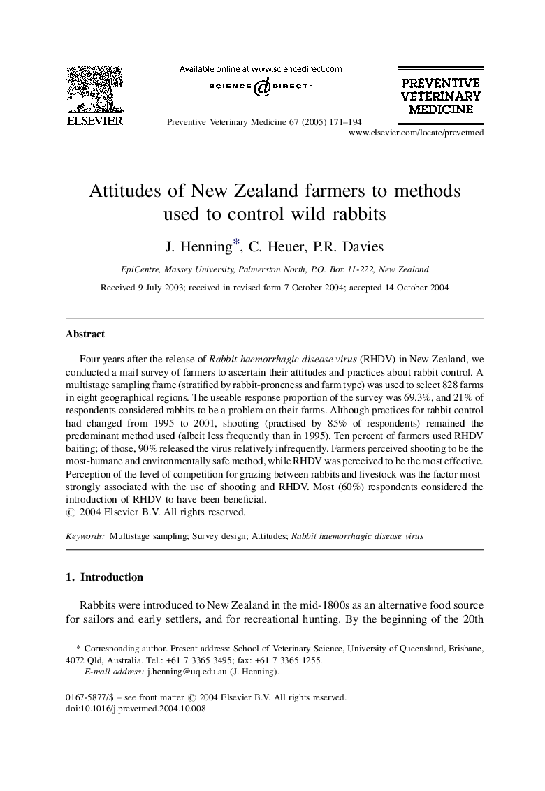 Attitudes of New Zealand farmers to methods used to control wild rabbits