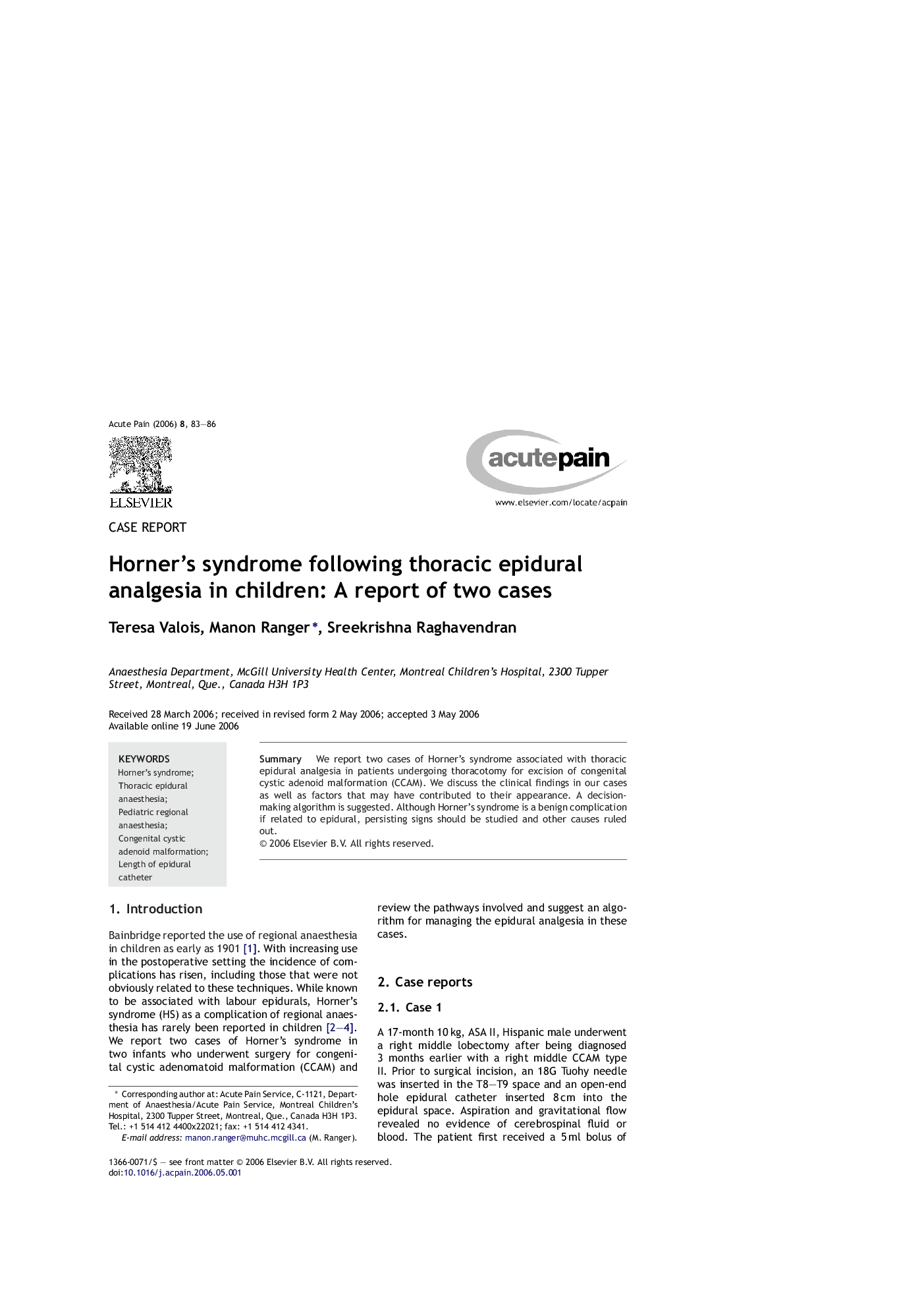 Horner's syndrome following thoracic epidural analgesia in children: A report of two cases