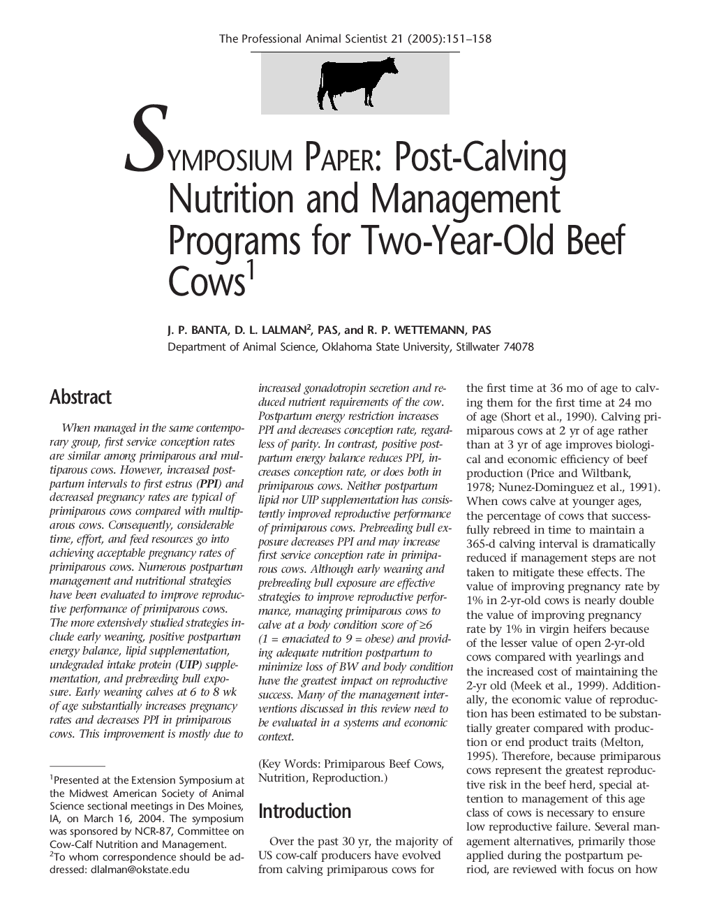 عکس صفحه اول مقاله: Symposium Paper: Post-Calving Nutrition and Management Programs for Two-Year-Old Beef Cows1 Symposium Paper: Post-Calving Nutrition and Management Programs for Two-Year-Old Beef Cows1
