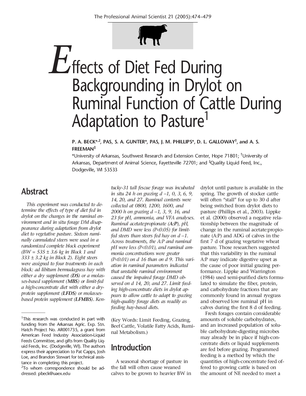 Effects of Diet Fed During Backgrounding in Drylot on Ruminal Function of Cattle During Adaptation to Pasture1