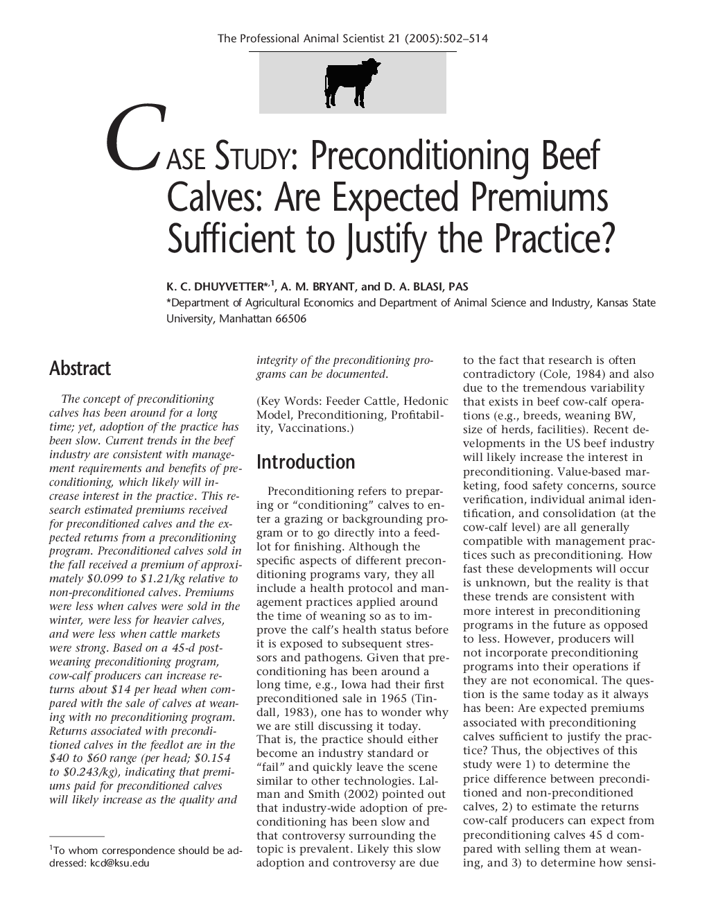 CASE STUDY: Preconditioning Beef Calves: Are Expected Premiums Sufficient to Justify the Practice?