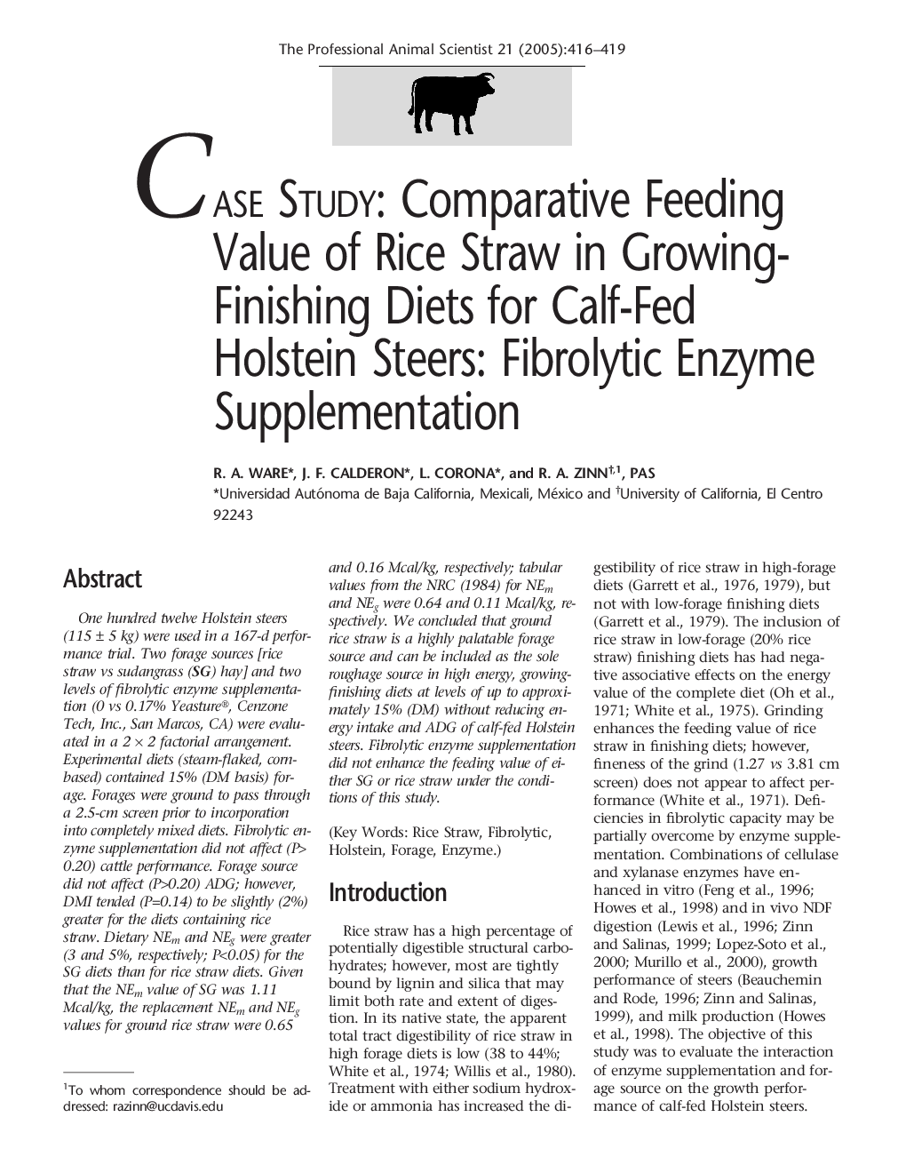 Case Study: Comparative Feeding Value of Rice Straw in Growing-Finishing Diets for Calf-Fed Holstein Steers: Fibrolytic Enzyme Supplementation