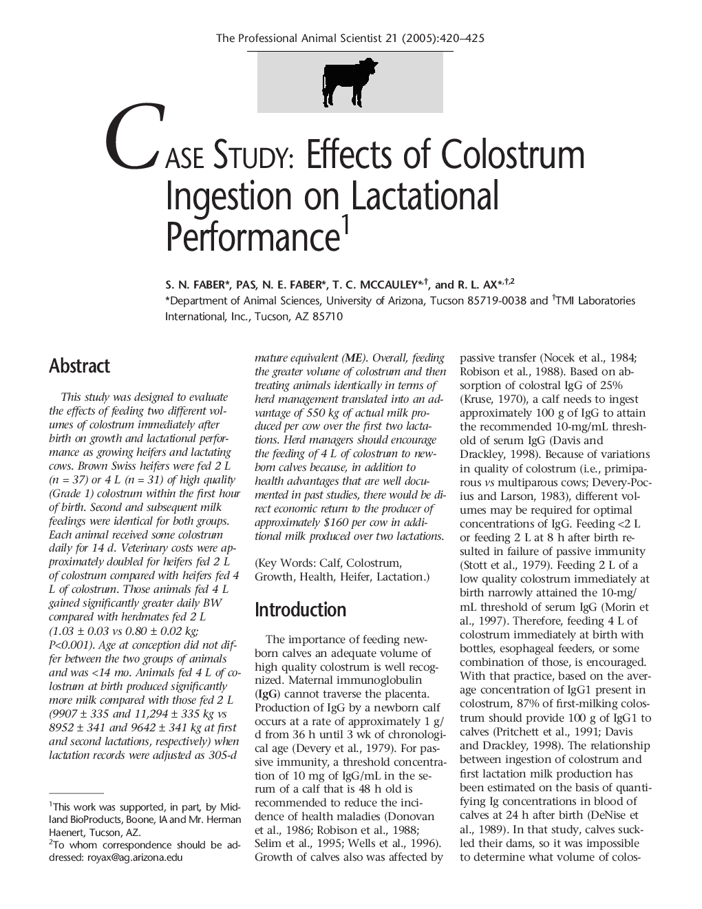 Case Study: Effects Of Colostrum Ingestion on Lactational Performance1