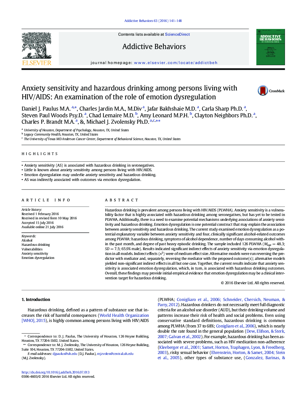 Anxiety sensitivity and hazardous drinking among persons living with HIV/AIDS: An examination of the role of emotion dysregulation