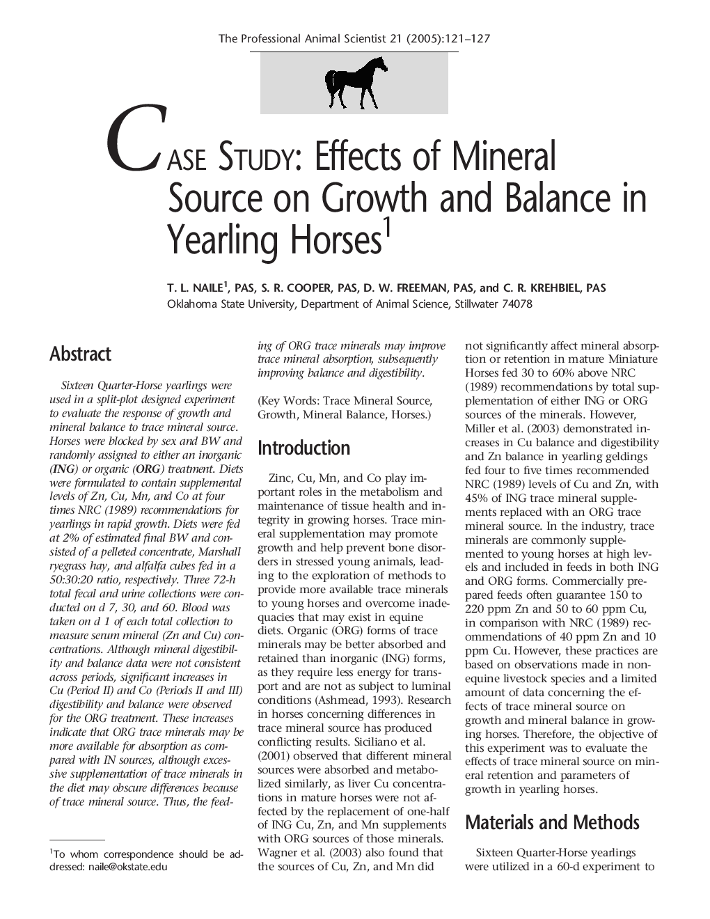 Effects of Mineral Source on Growth and Balance in Yearling Horses1