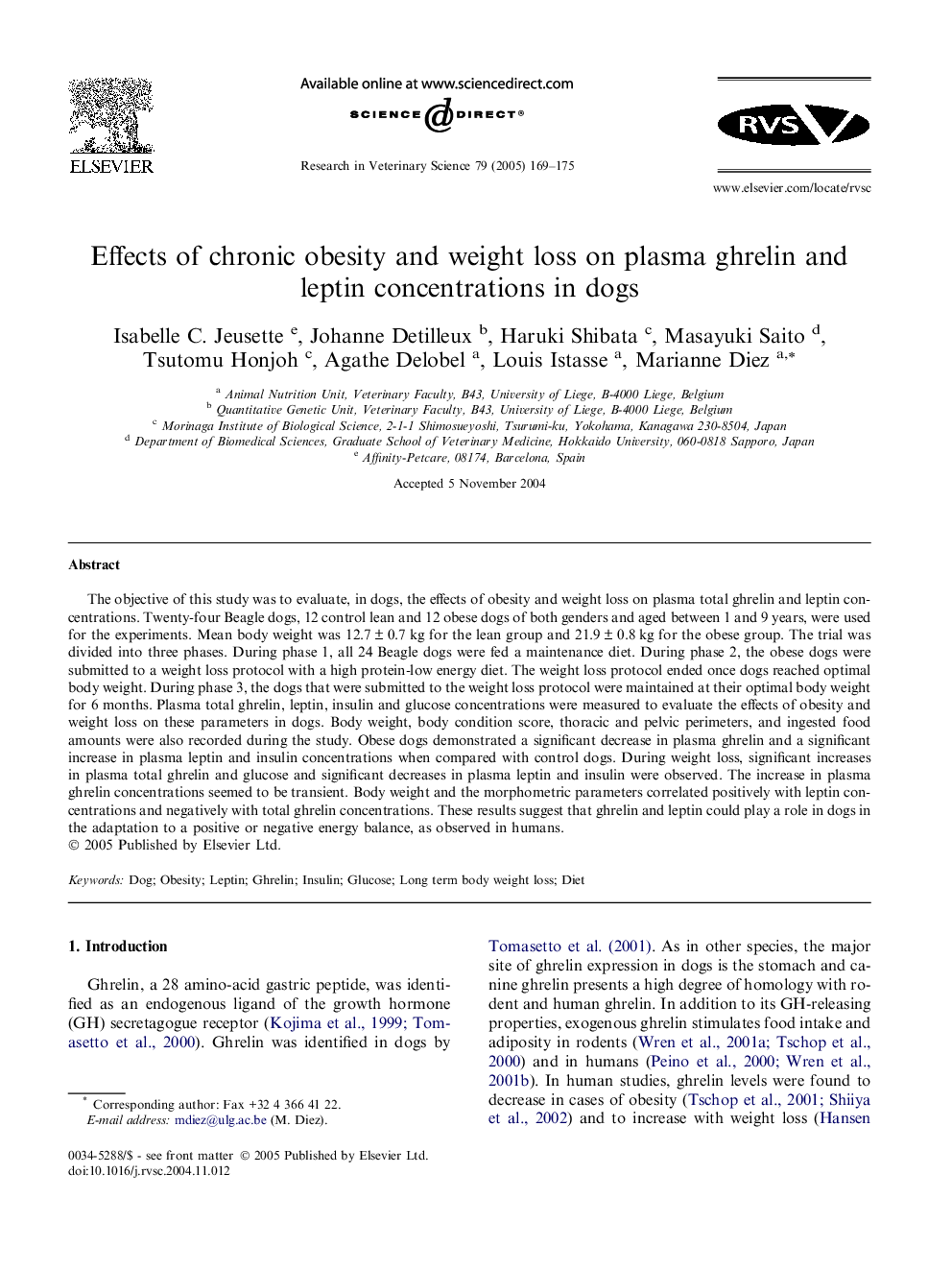 Effects of chronic obesity and weight loss on plasma ghrelin and leptin concentrations in dogs