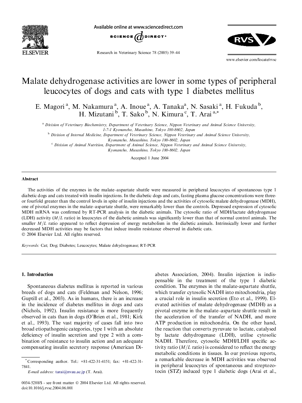 Malate dehydrogenase activities are lower in some types of peripheral leucocytes of dogs and cats with type 1 diabetes mellitus