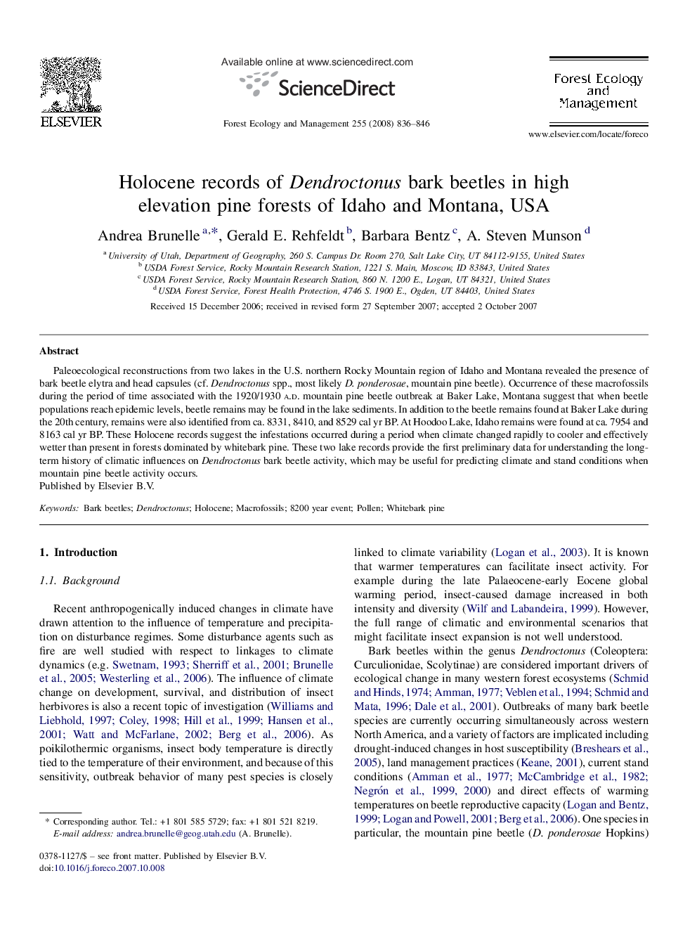 Holocene records of Dendroctonus bark beetles in high elevation pine forests of Idaho and Montana, USA