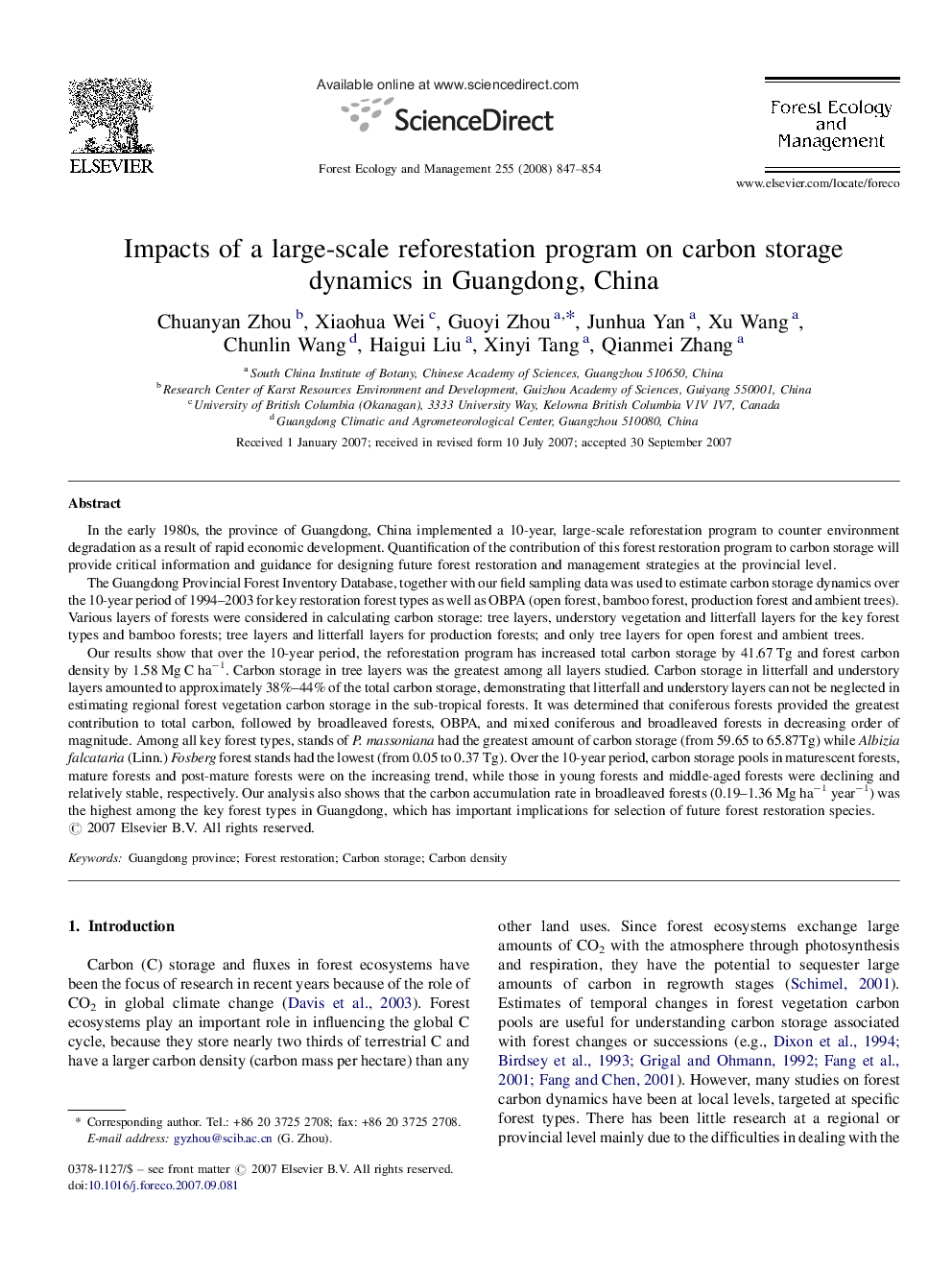 Impacts of a large-scale reforestation program on carbon storage dynamics in Guangdong, China