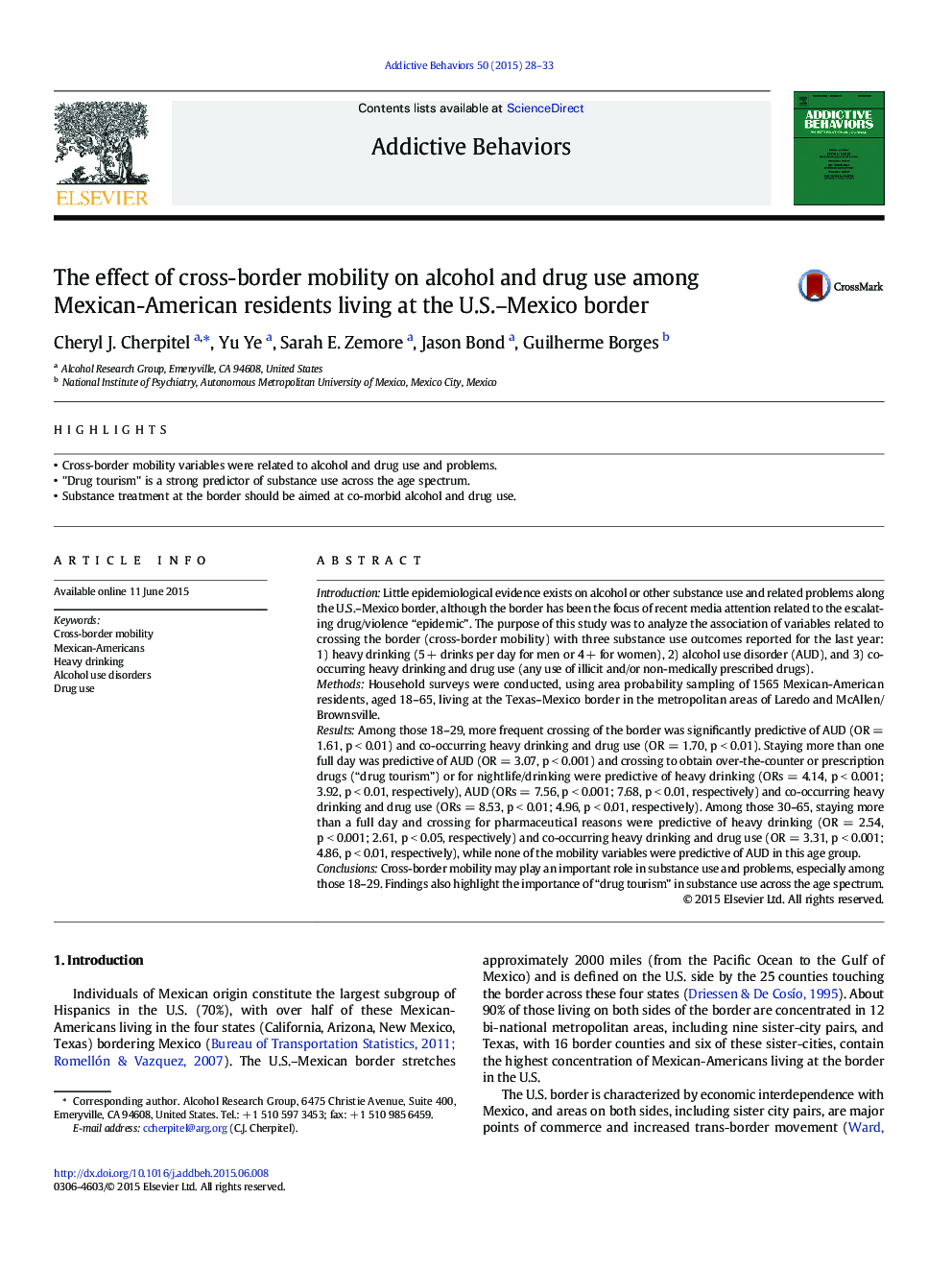 The effect of cross-border mobility on alcohol and drug use among Mexican-American residents living at the U.S.–Mexico border