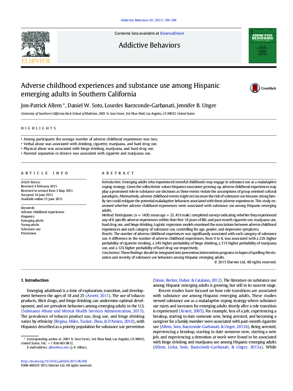 Adverse childhood experiences and substance use among Hispanic emerging adults in Southern California