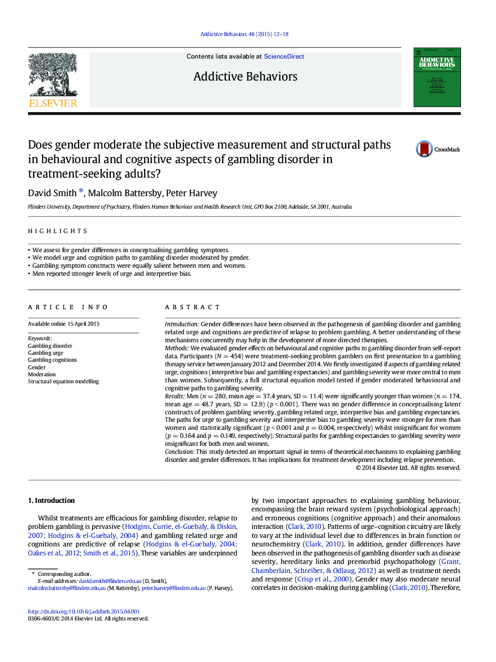Does gender moderate the subjective measurement and structural paths in behavioural and cognitive aspects of gambling disorder in treatment-seeking adults?