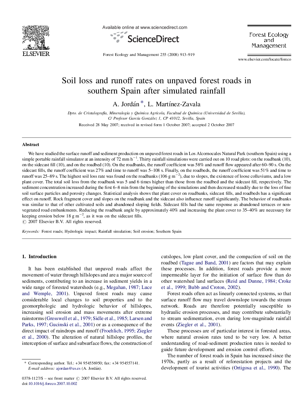 Soil loss and runoff rates on unpaved forest roads in southern Spain after simulated rainfall