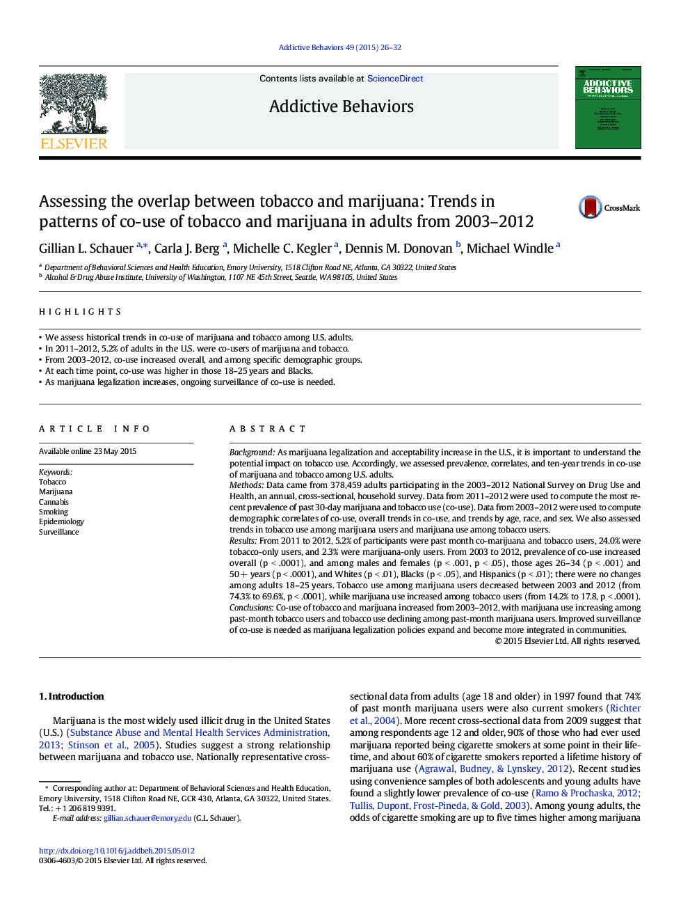 Assessing the overlap between tobacco and marijuana: Trends in patterns of co-use of tobacco and marijuana in adults from 2003–2012