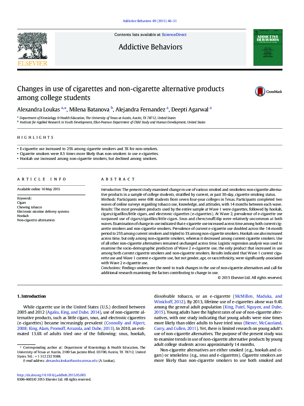 Changes in use of cigarettes and non-cigarette alternative products among college students