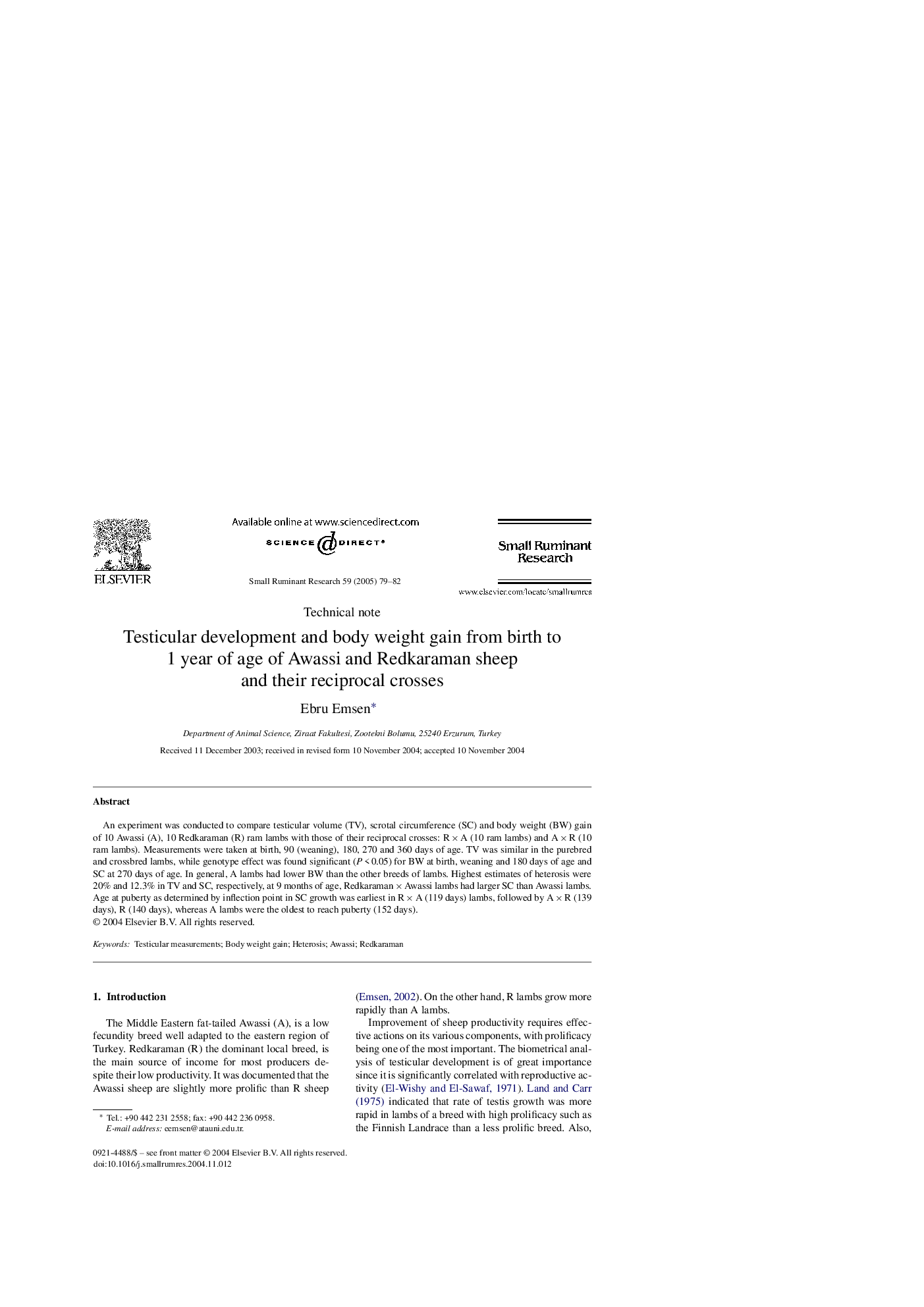 Testicular development and body weight gain from birth to 1 year of age of Awassi and Redkaraman sheep and their reciprocal crosses