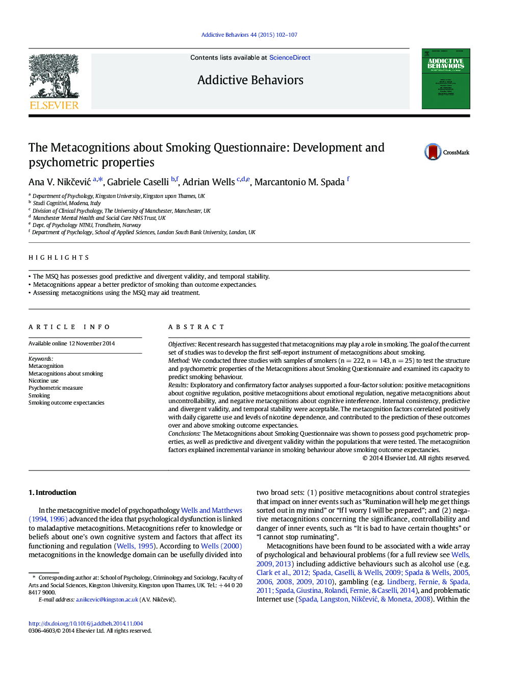 The Metacognitions about Smoking Questionnaire: Development and psychometric properties