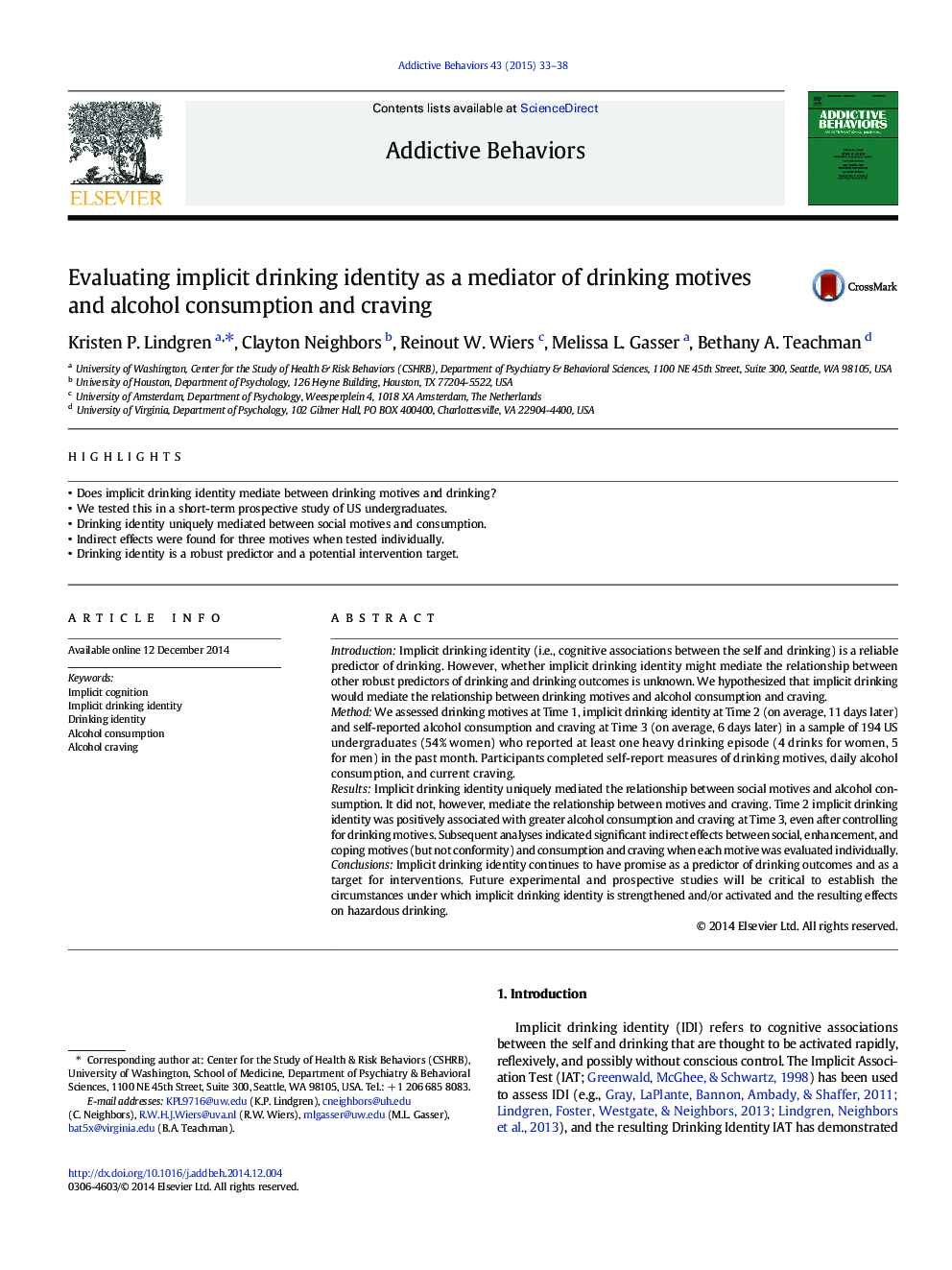 Evaluating implicit drinking identity as a mediator of drinking motives and alcohol consumption and craving